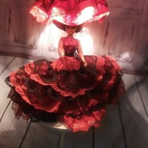 Vintage Dollite Southern Belle Red Black Dress w/Shade Hat